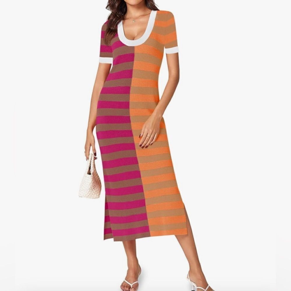 Wenrine Womens Short Sleeve Striped Dress Summer Knitted Scoop Neck Color Block